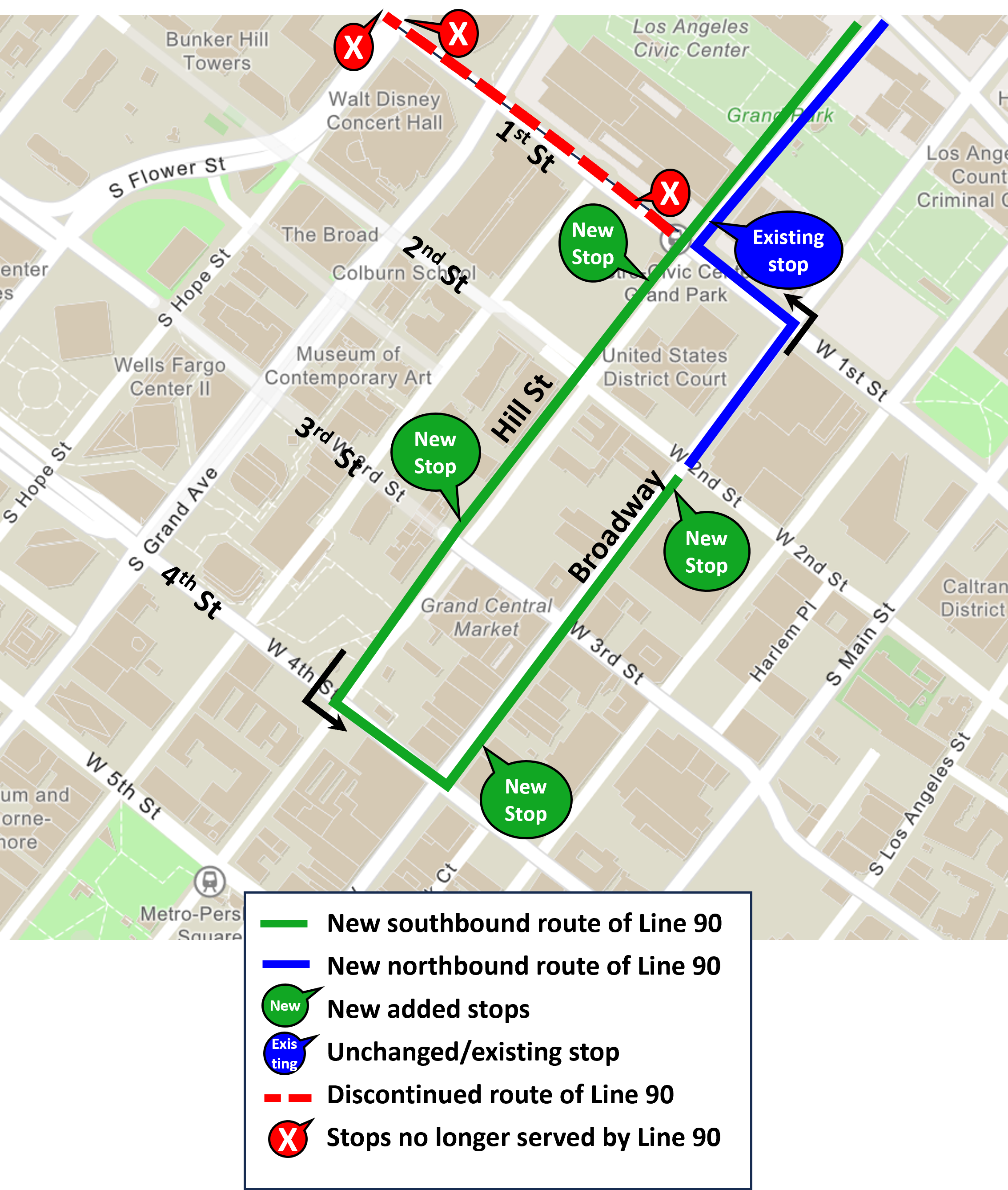 a graphic map showing a visual representation of the described changes to Line 90